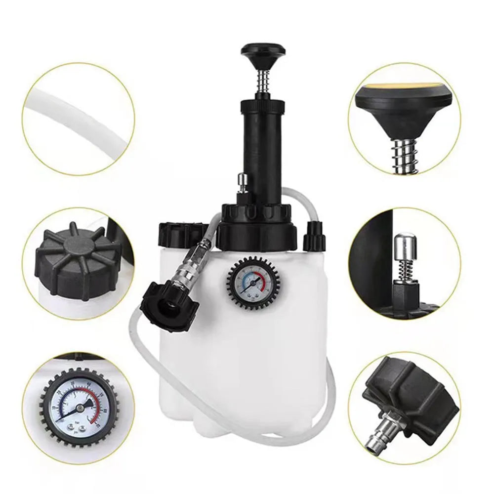 White 3-litre automotive brake oil tank replacement tool made from copper, iron, and plastic.