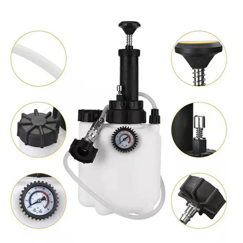 White 3-litre automotive brake oil tank replacement tool made from copper, iron, and plastic.