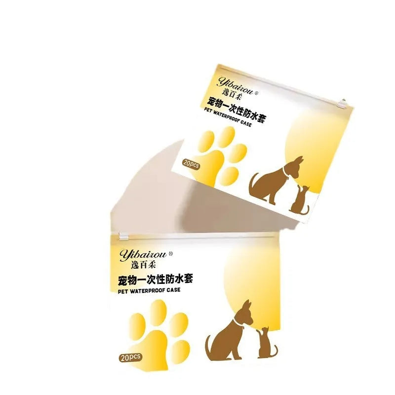 White disposable waterproof pet shoe covers with non-slip soles in S and M sizes