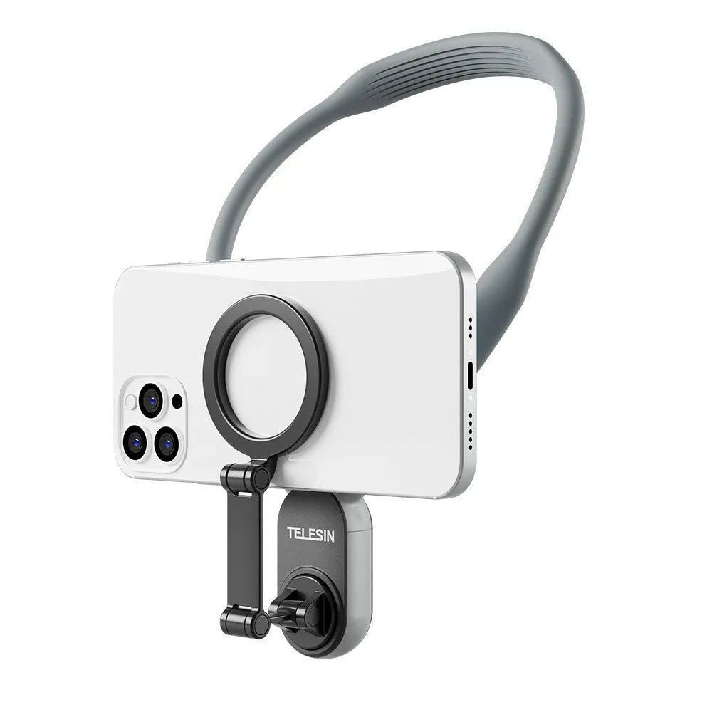 Grey silicone magnetic phone neck mount with aluminium strip and quick release magnetic plate