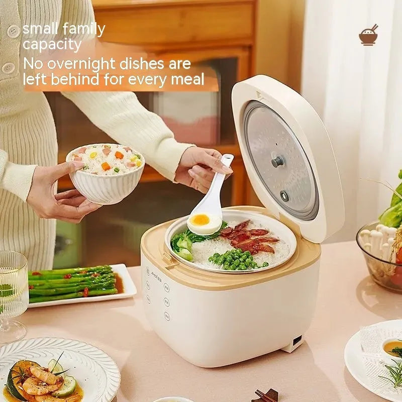 White or beige 3L multi-function rice cooker with accessories on kitchen counter