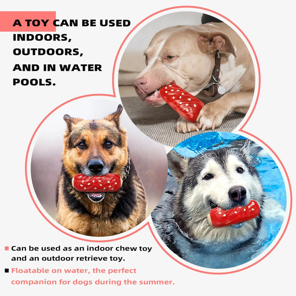 Primary colour plastic dog chew toy shaped like a toothbrush and molar rod for dental cleaning.