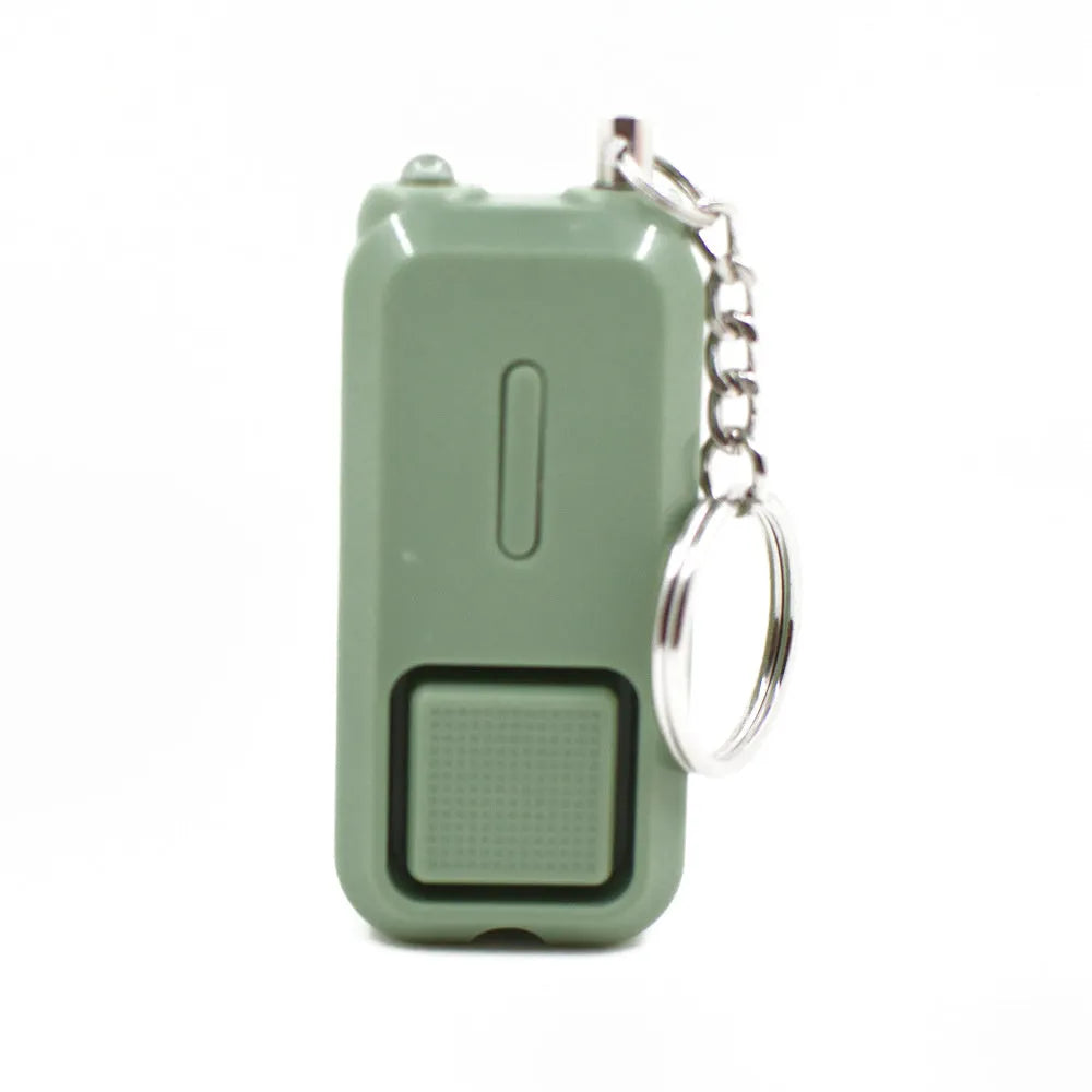 ZQ-202 personal safety alarm in pink, black, white, yellow, or green colours on a keychain.