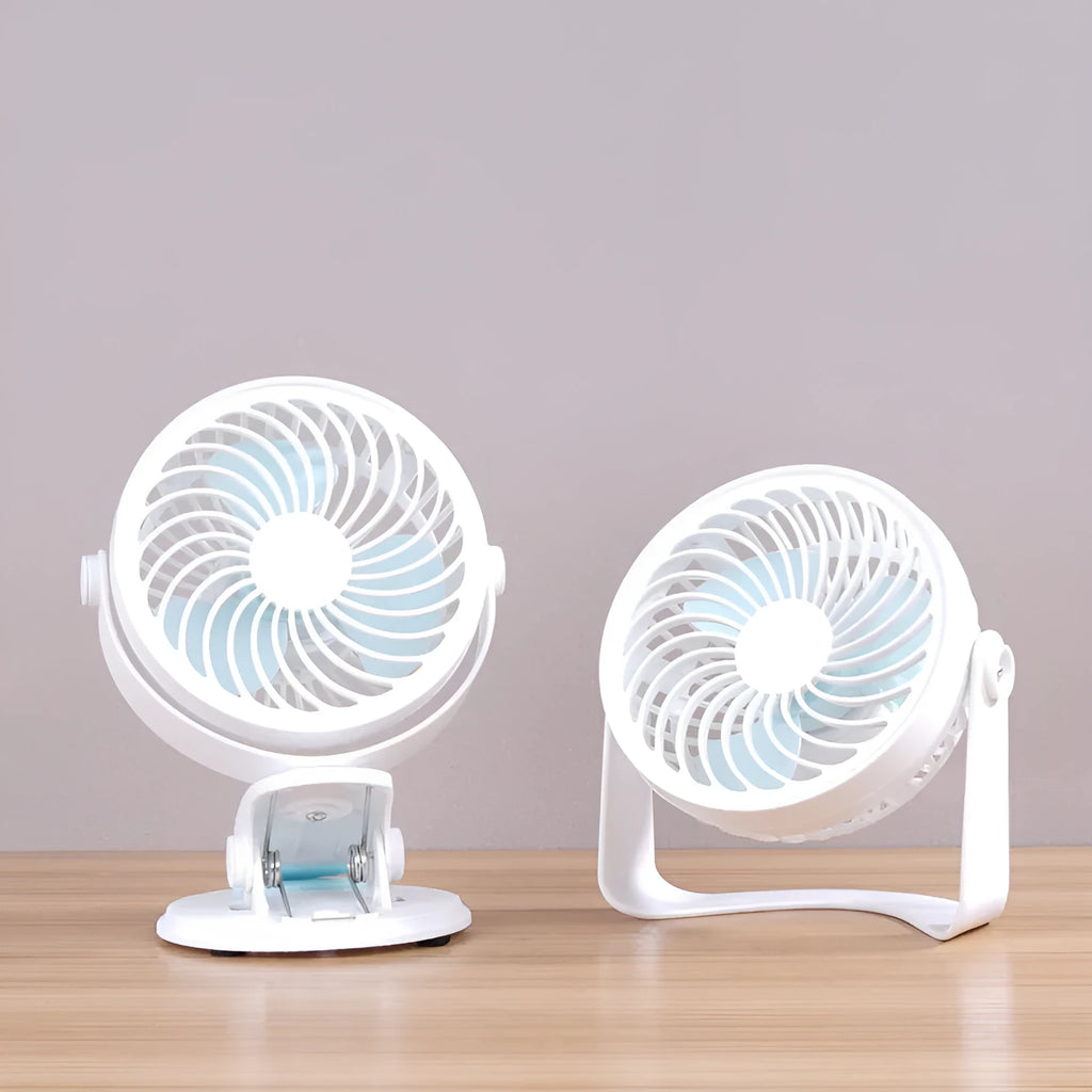 Small white USB desk fan shown in clip-on and floor-standing styles on a wooden desk