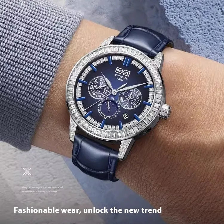Blue mechanical men's watch with 10mm thick case, casual style, gift box packaging