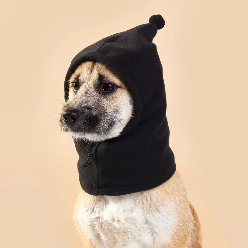 Cloth bear headdress with rabbit ears pet hat on a dog, available in black, red, and leopard print.