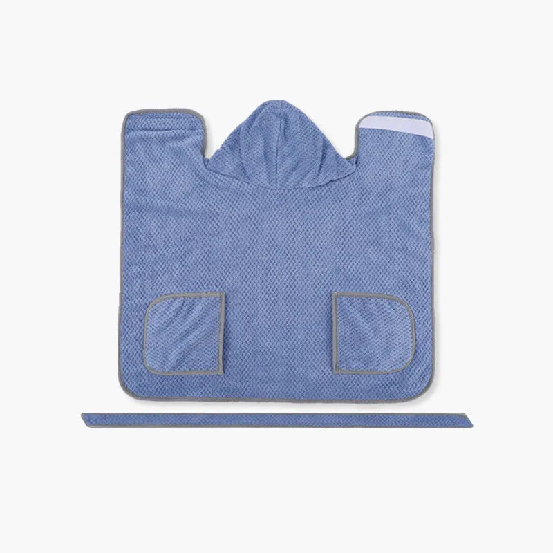 Blue microfiber dog bath robe towel with adjustable waistband wrapped around a dog.