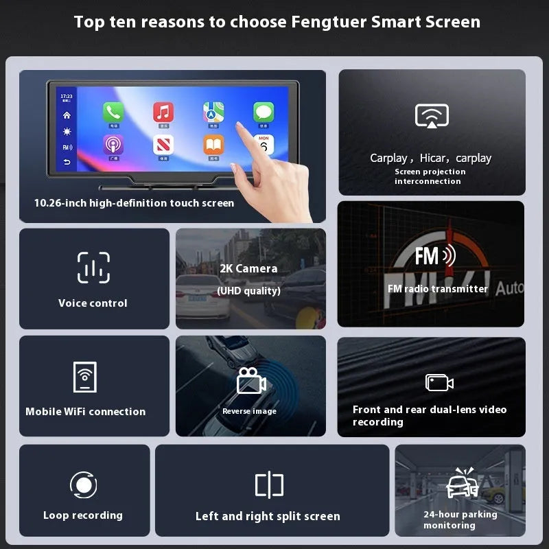 10-inch black car smart screen mounted on dashboard, showing Apple CarPlay maps, with small rear camera on table.