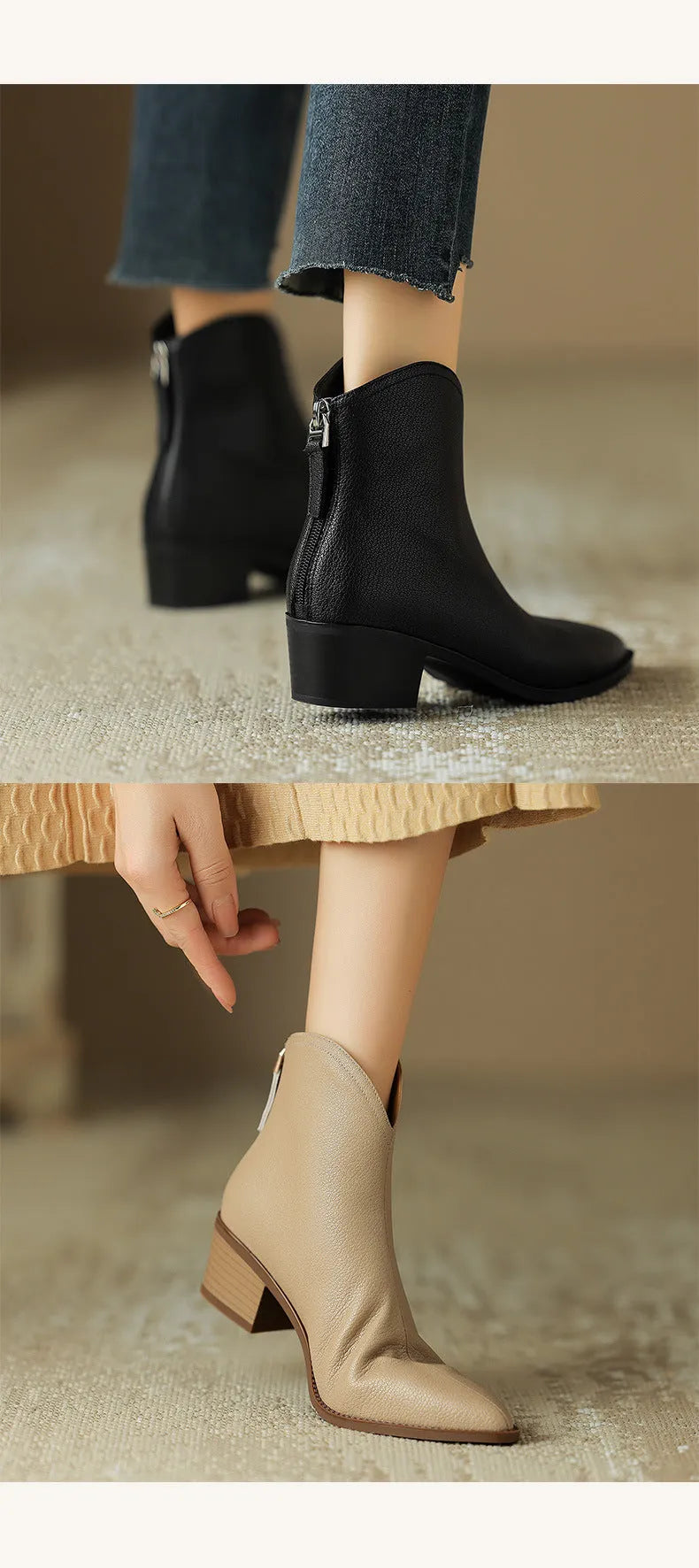 Women's solid colour ankle boots in black with pigskin split leather upper, mid heel, pointed toe, and back zipper.
