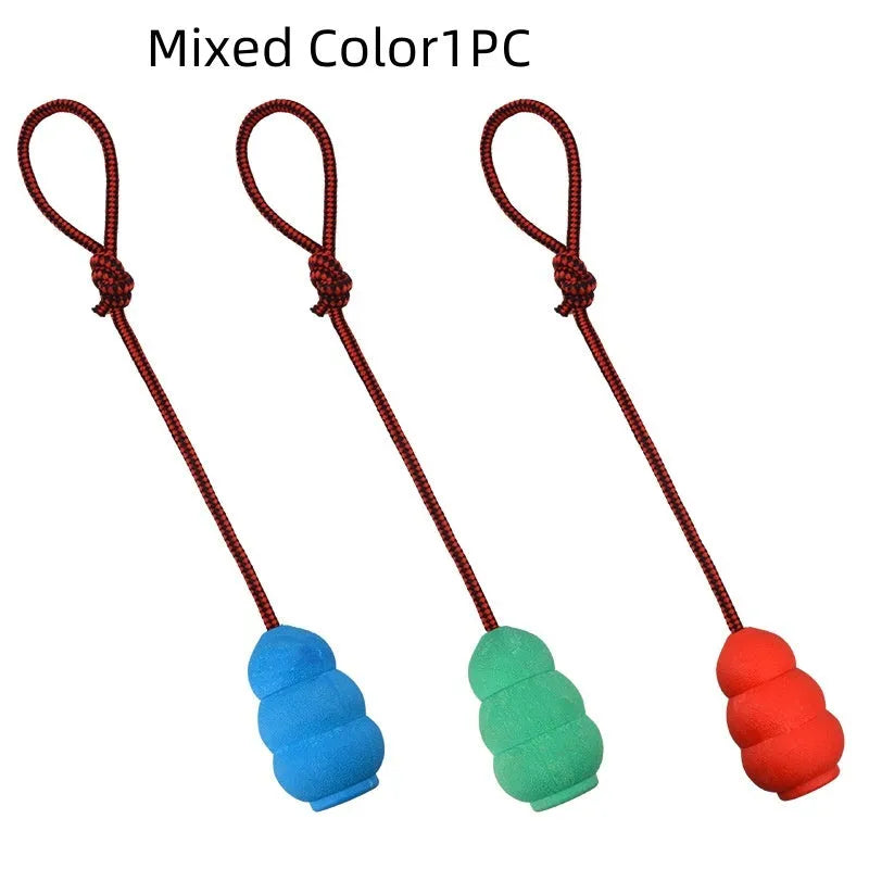 Rubber rope hoist pet toy with ball and rope in mixed colour hair, shown in 9cm small and 12cm large sizes