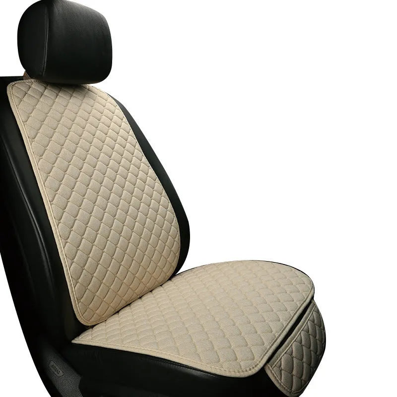 Linen car seat cushion showing universal fit design available in six colour variations