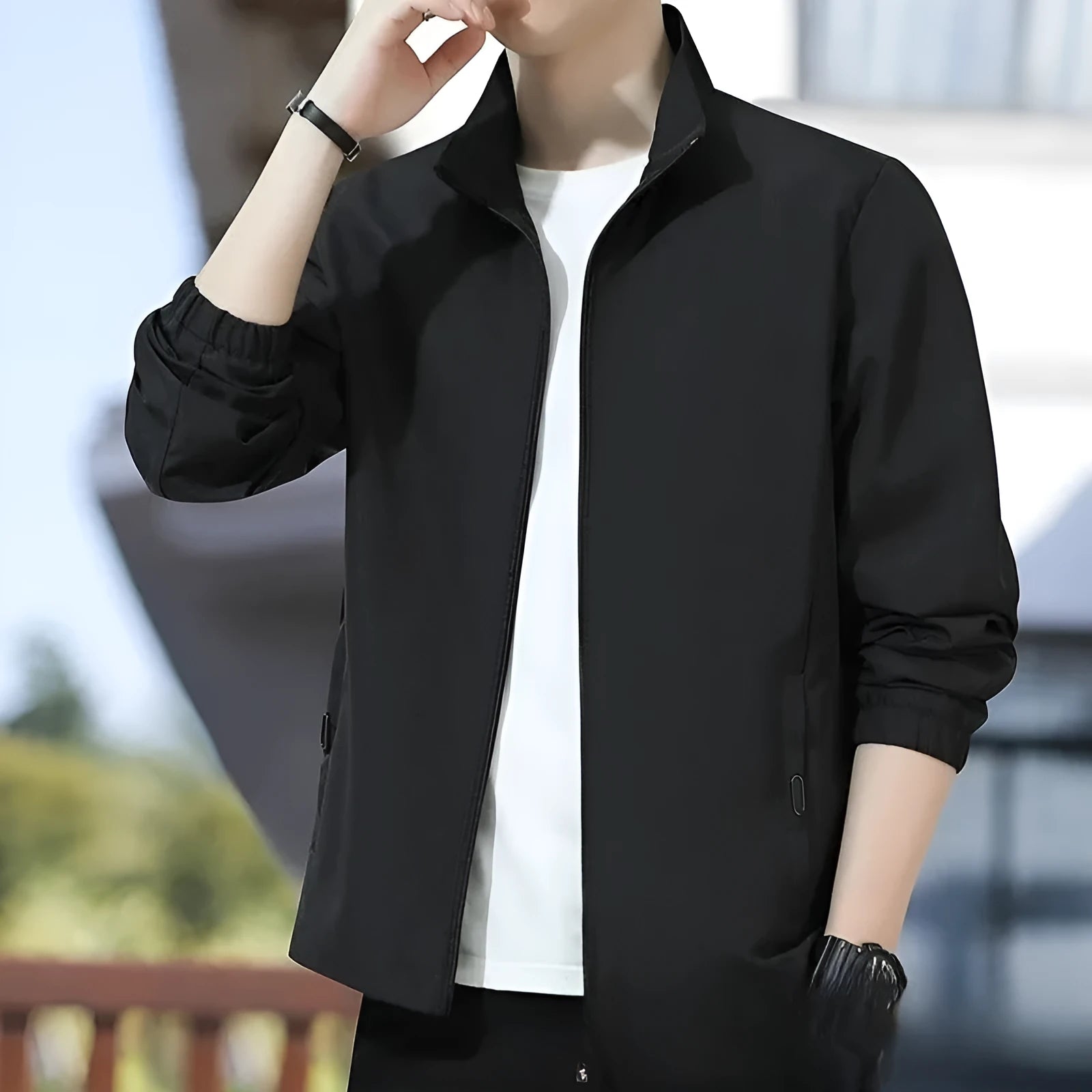 Korean-style loose fit lapel jacket in blue, shown on a model, featuring zipper pockets.