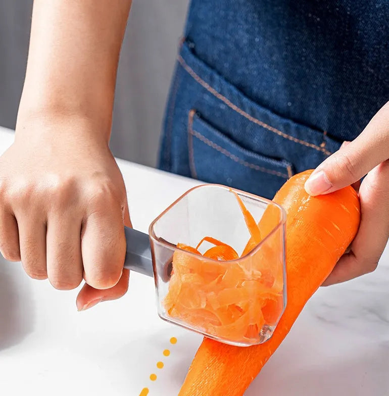 Creative green stainless steel and plastic vegetable peeler on a kitchen surface.