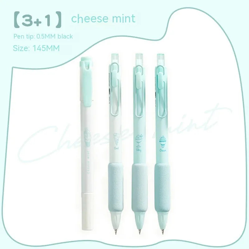 Four double headed fluorescent pens with 0.5mm tips for calligraphy practice.