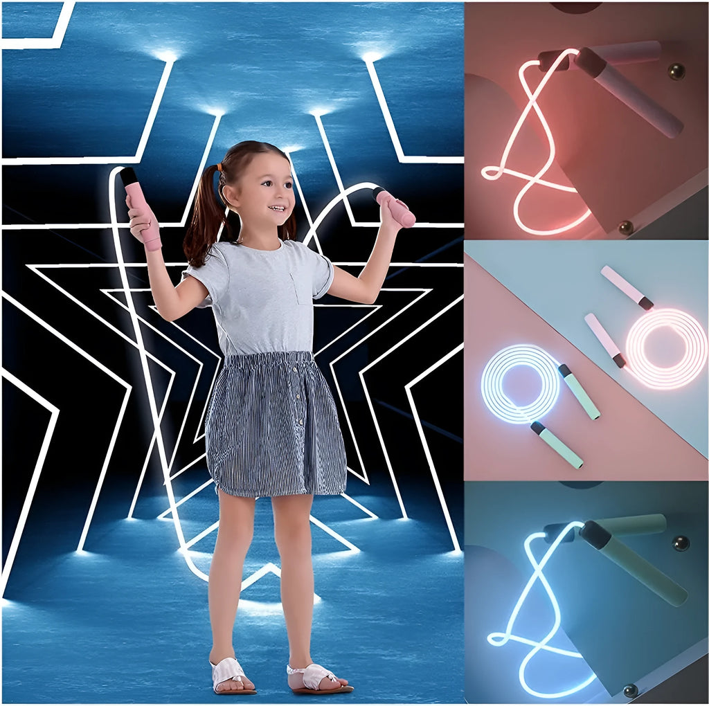 Luminous skipping rope with blue handles and glowing rope, adjustable 2.8m for fitness
