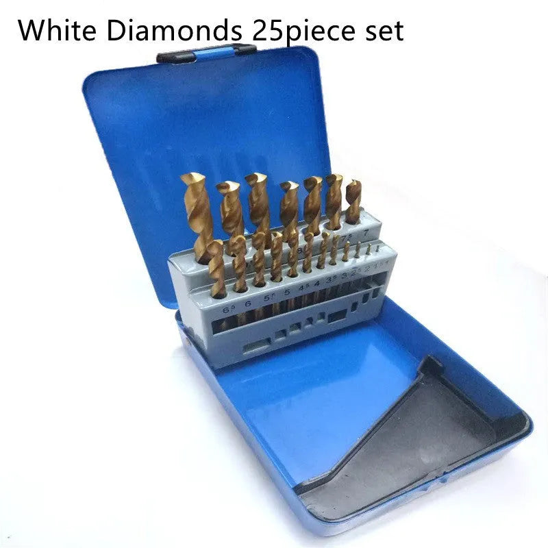 19 25-piece set of high-speed steel twist drill bits with round shank and 118-degree point for wood and metal drilling