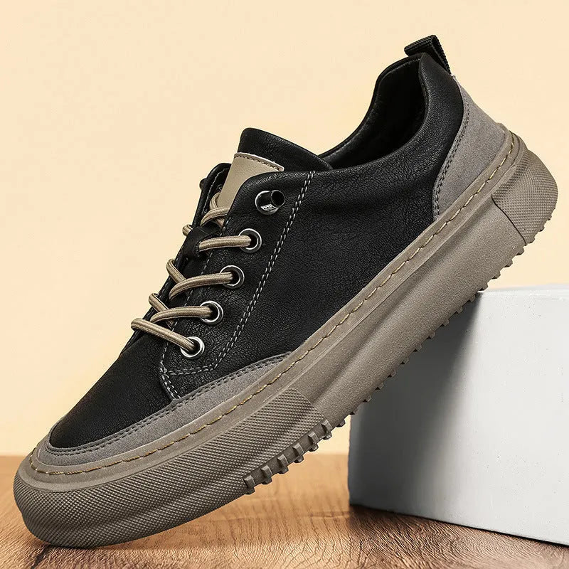 Men's black round toe leather lace-up casual shoes with rubber sole