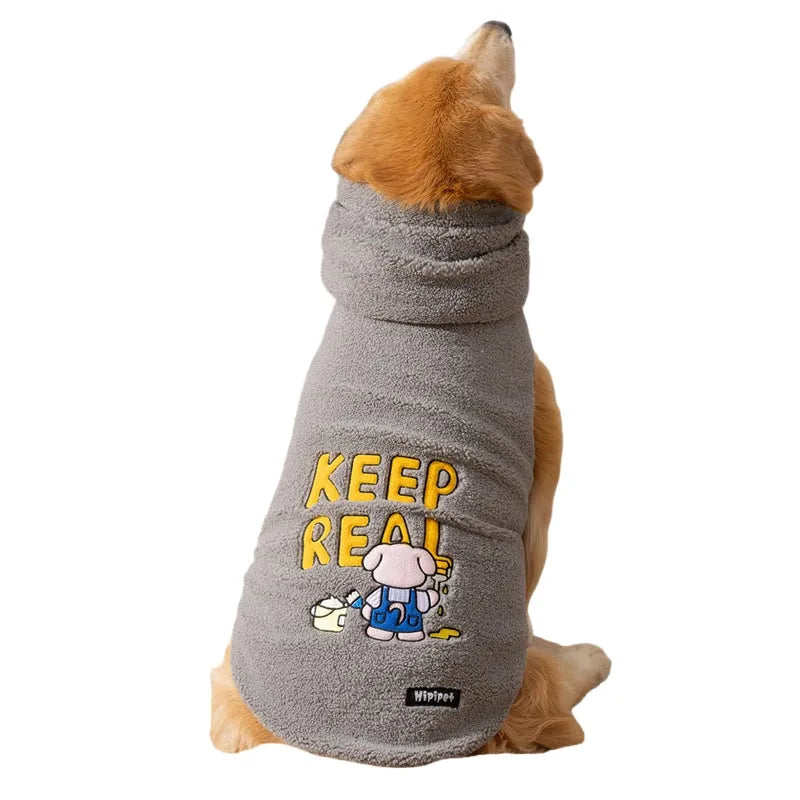 Sherpa fabric pet vest in beige with bear pattern, for large dogs, high collar, available sizes 3XL to 8XL