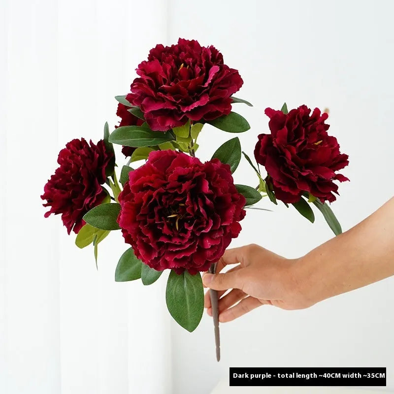 Artificial peony 5-head bouquet in light champagne, 40cm tall silk flower arrangement