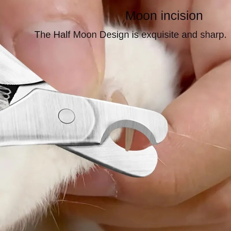Silver stainless steel professional pet nail clipper for dogs and cats on a plain background.