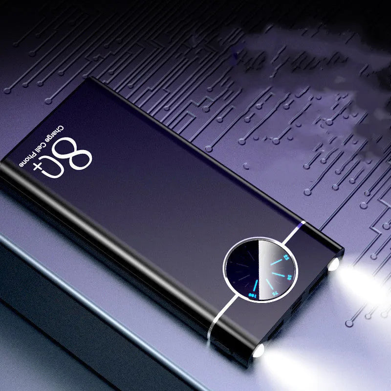 Slim black 20000mAh portable power bank with alloy shell and LED flashlight