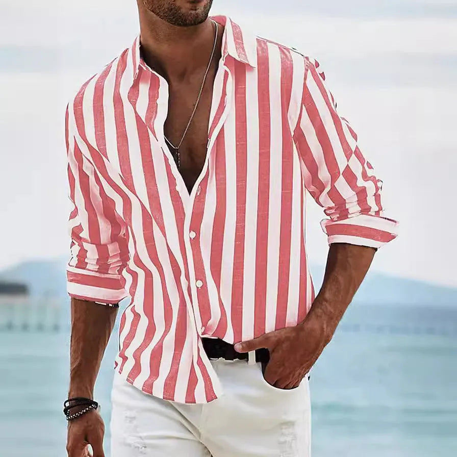 Men's yarn-dyed striped casual shirt in polyester with loose fit and long sleeves