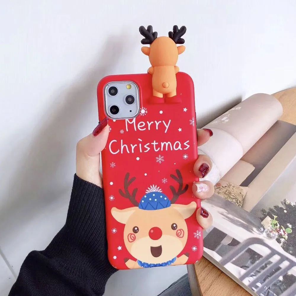 Christmas themed silicone back cover case for Apple iPhone on a festive background.