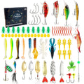 Open metal fishing tackle box showing compartments with assorted hooks, swivels, and split shot sinkers inside.