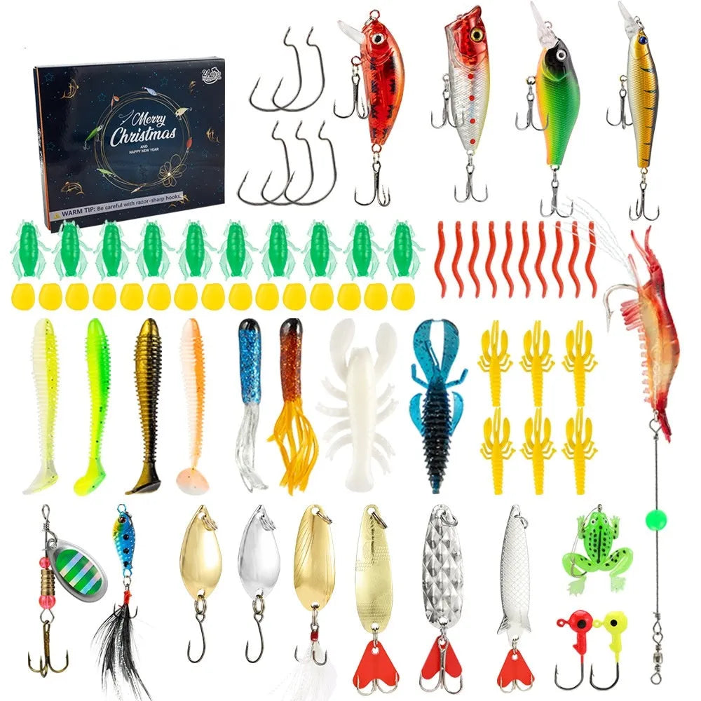Open metal fishing tackle box showing compartments with assorted hooks, swivels, and split shot sinkers inside.