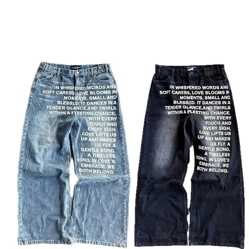 Men's black and blue cotton casual trousers with wide-leg straight cut and elasticated waistband