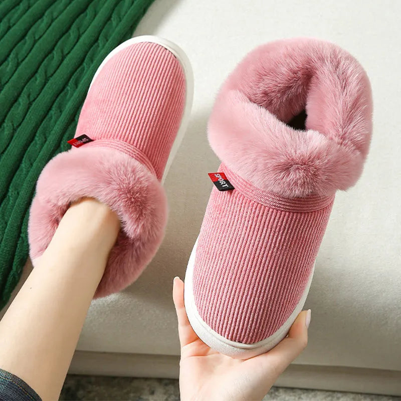 Plush corduroy house slippers for men and women with warm fleece lining and PVC sole, in Coffee, Grey, Pink, or Purple