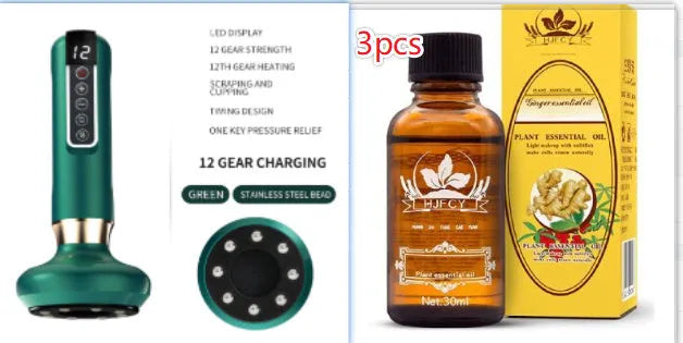 Green electric vacuum cupping massager with USB charger on a white background.
