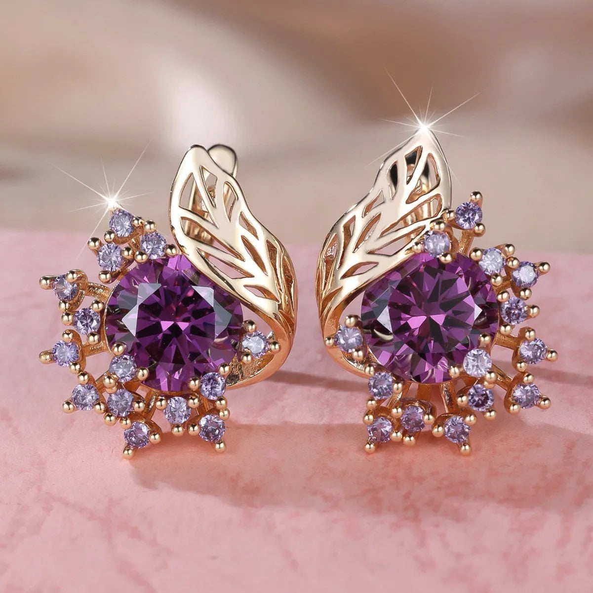 Round flower feather zircon earrings with rose gold electroplated finish and diamond accents
