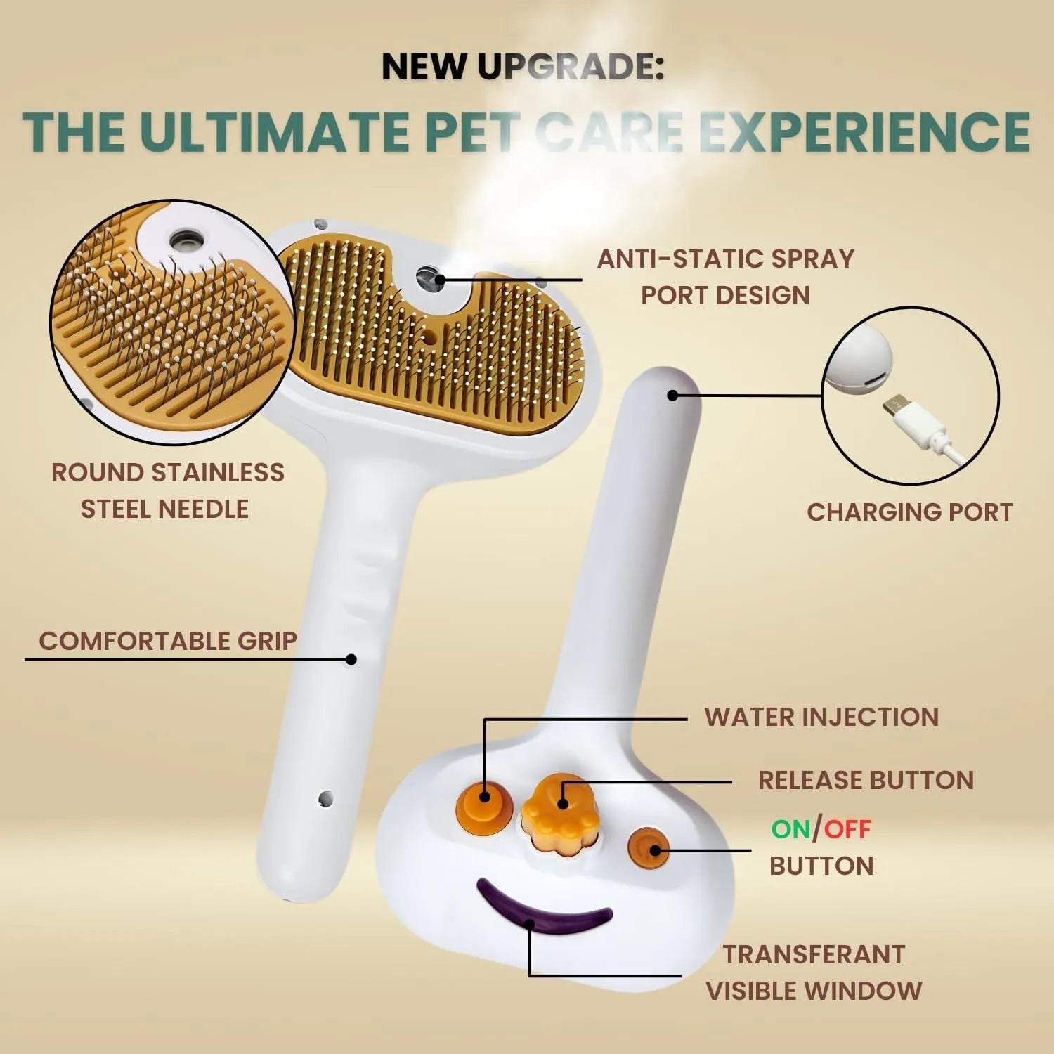 White pet grooming brush with water spray and steam function for dogs and cats