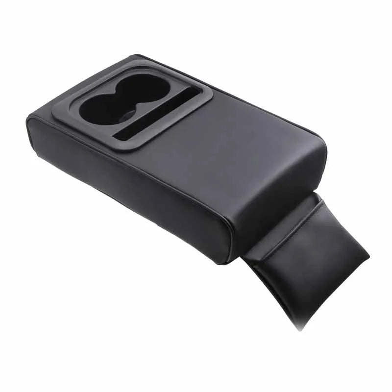 Beige leather car armrest box with water cup holder on a car centre console