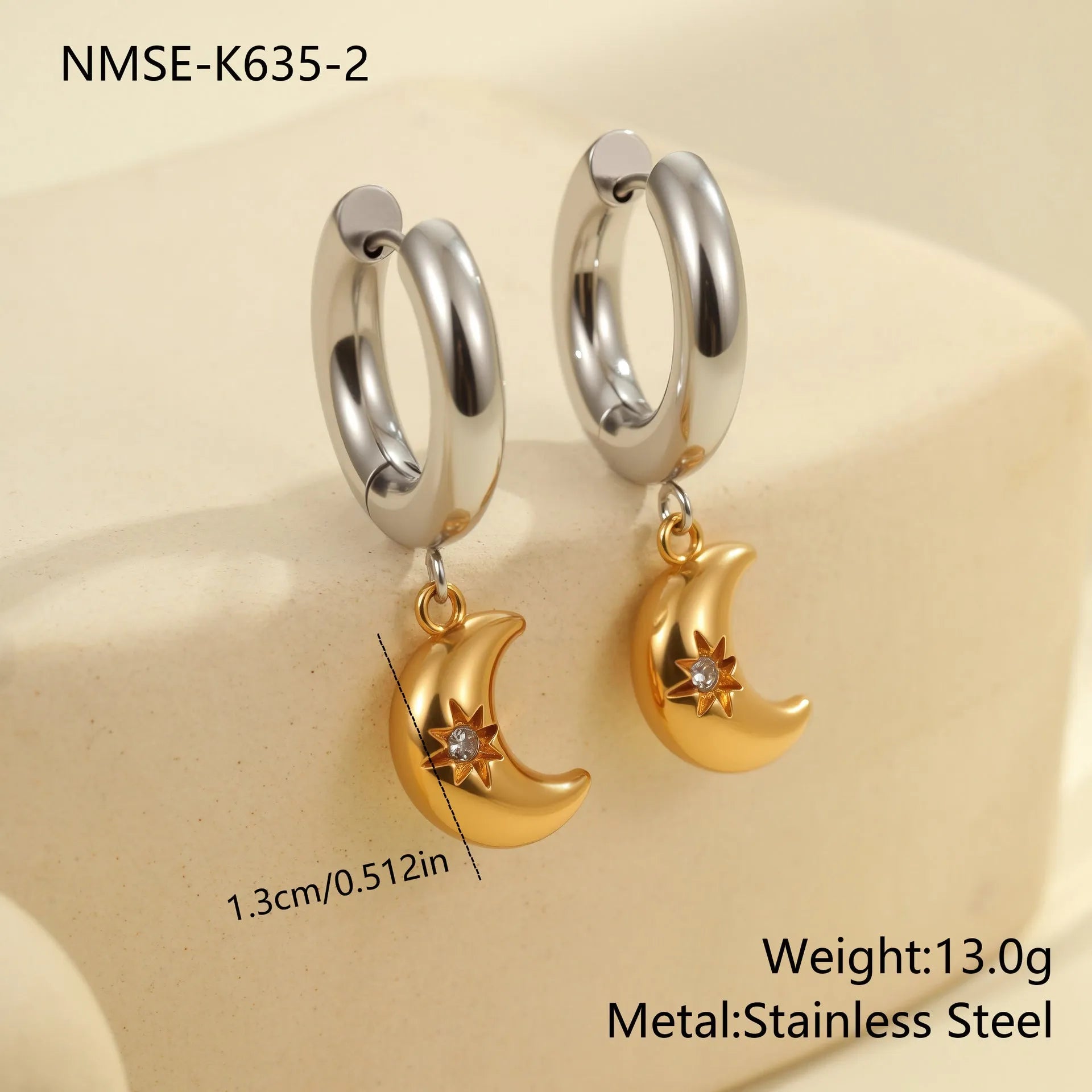 Women's stainless steel earrings with 18K gold plating in heart, star, and Christmas tree shapes.