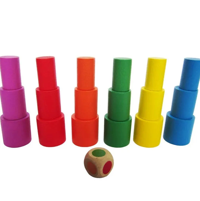 Wooden moon balance game with yellow and blue blocks for toddlers aged 2-4