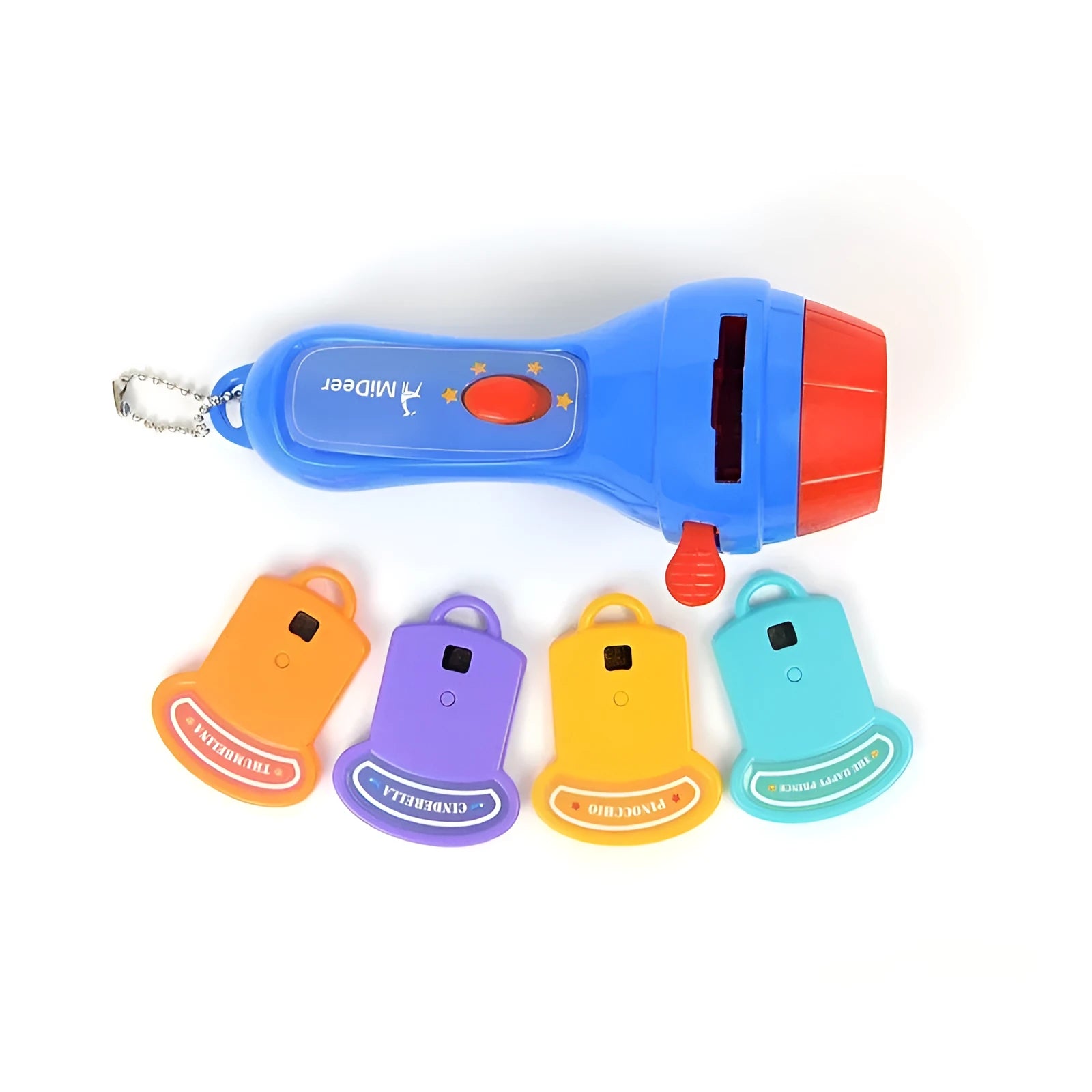 SmartKids handheld story projector torch with four colourful illustrated discs for wall projection.