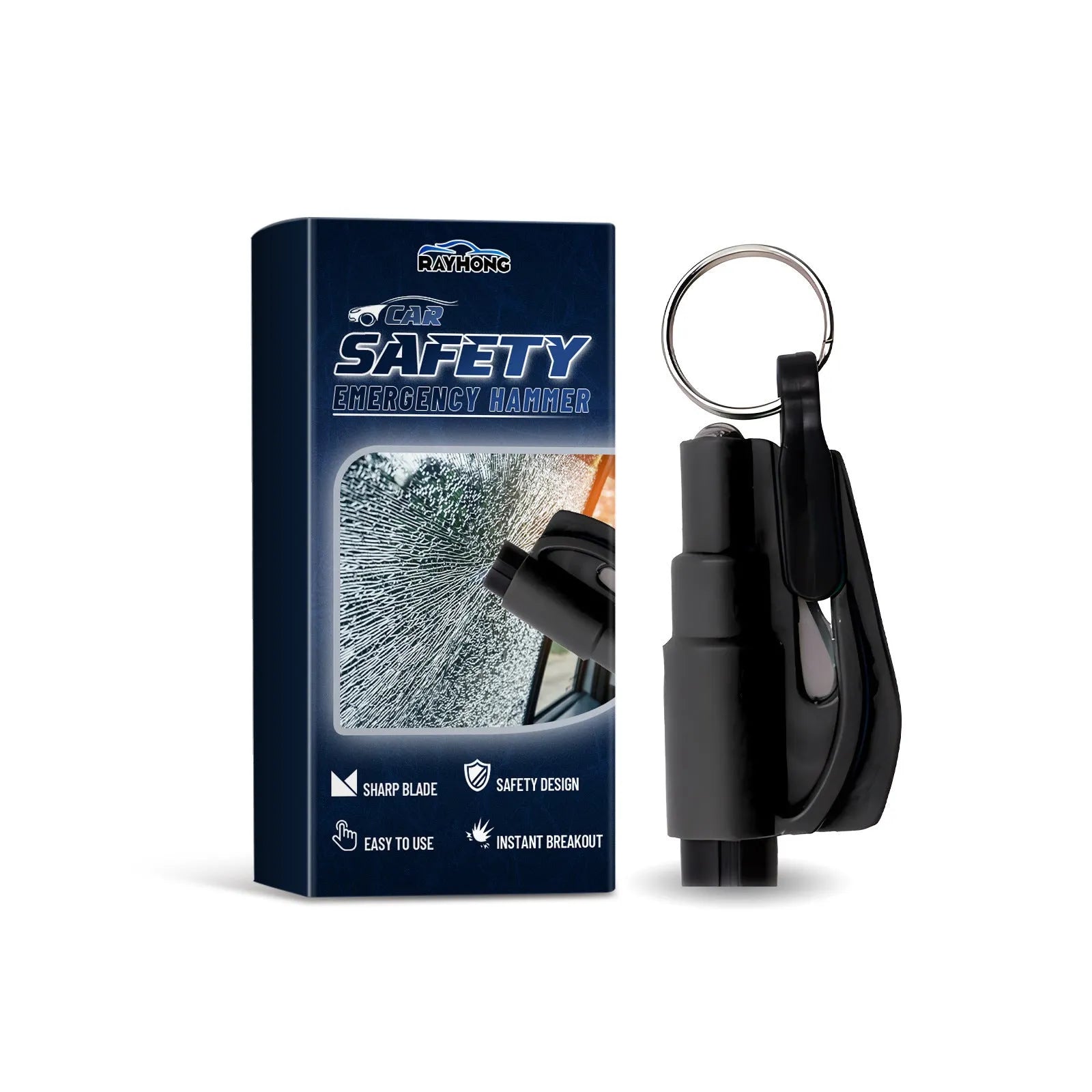 Compact car emergency escape hammer with glass breaking tip and seatbelt cutter measuring 3.5 by 7.5cm