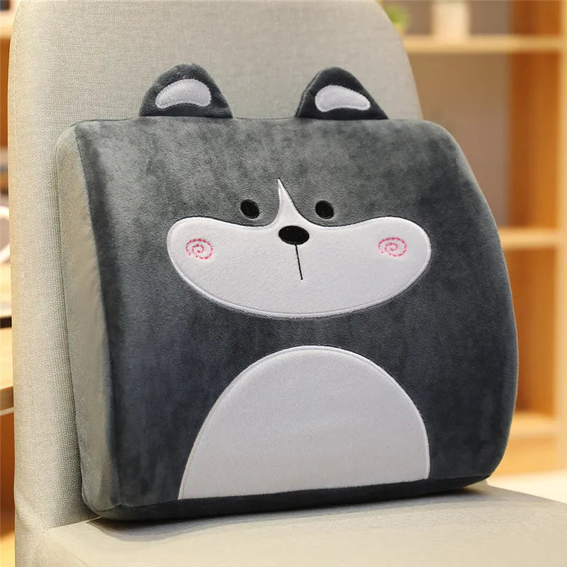Cartoon memory foam lumbar support cushion with removable grey cat design cover on office chair