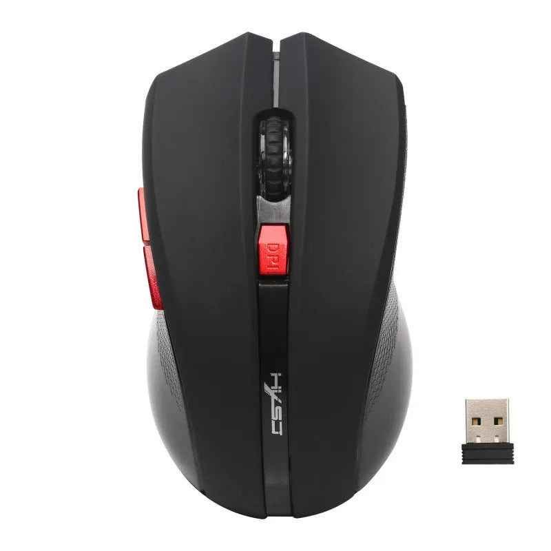 2.4G wireless optical ergonomic mouse in black with four-way scroll wheel and red LED sensor