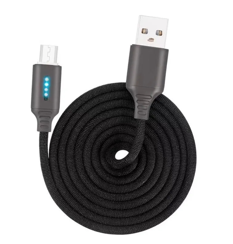 Black fabric weave USB fast charging cable with Android connector, 1 metre long.
