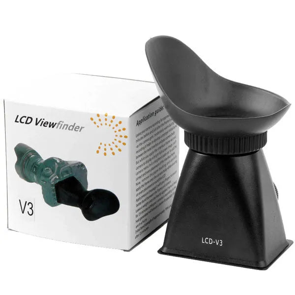 Black camera LCD magnifier with magnetic mount attached to a DSLR, showing screen magnification.