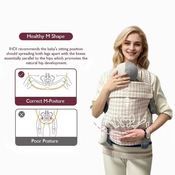 Baby carrier in champagne houndstooth with adjustable shoulder strap, free size, for ages 0-4 years