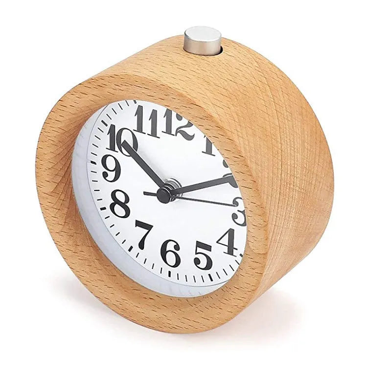 Square beech wood alarm clock with glass mirror and PVC dial, 9.5cm bedside timepiece