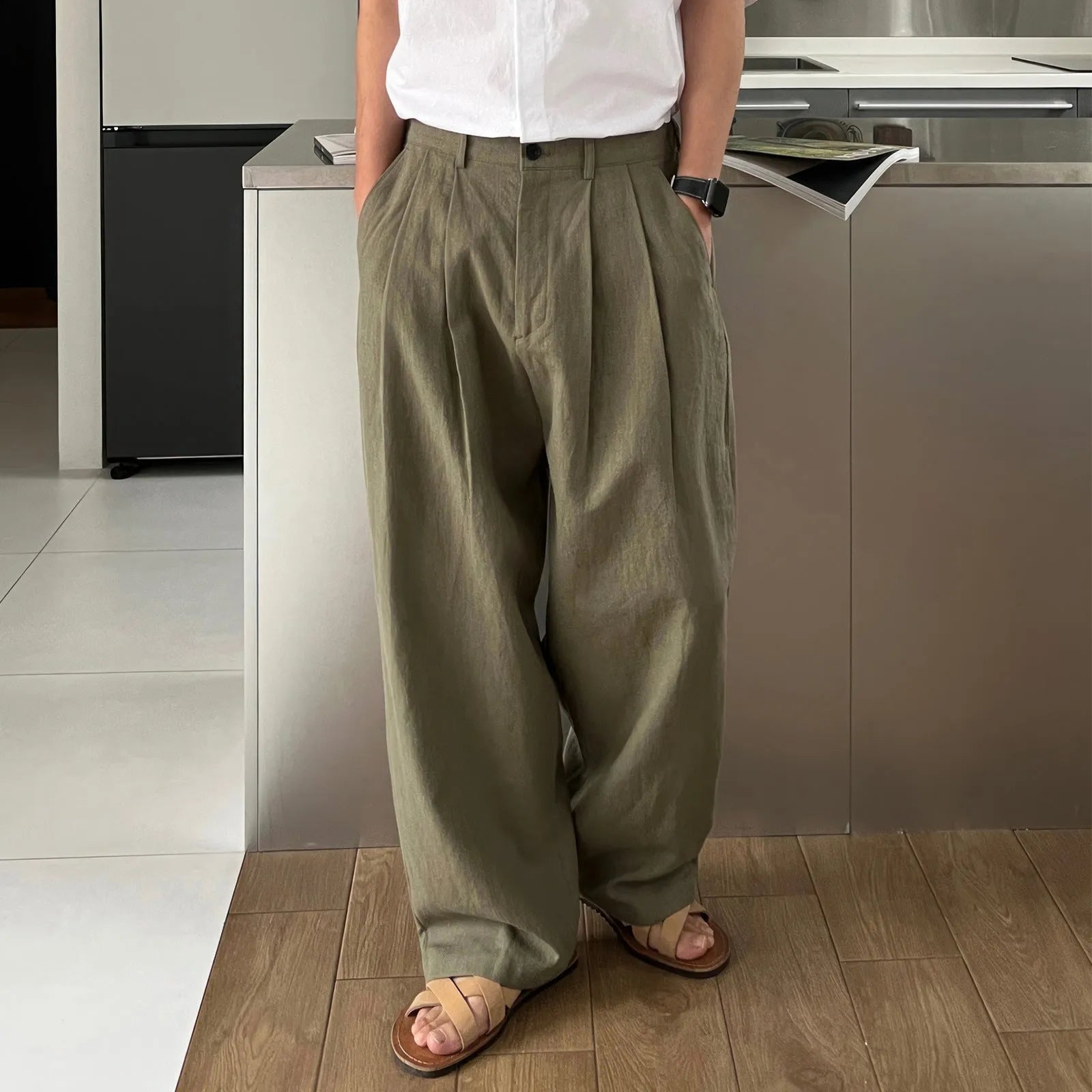 Army Green men's casual trousers with drawstring waist and Japanese-inspired design