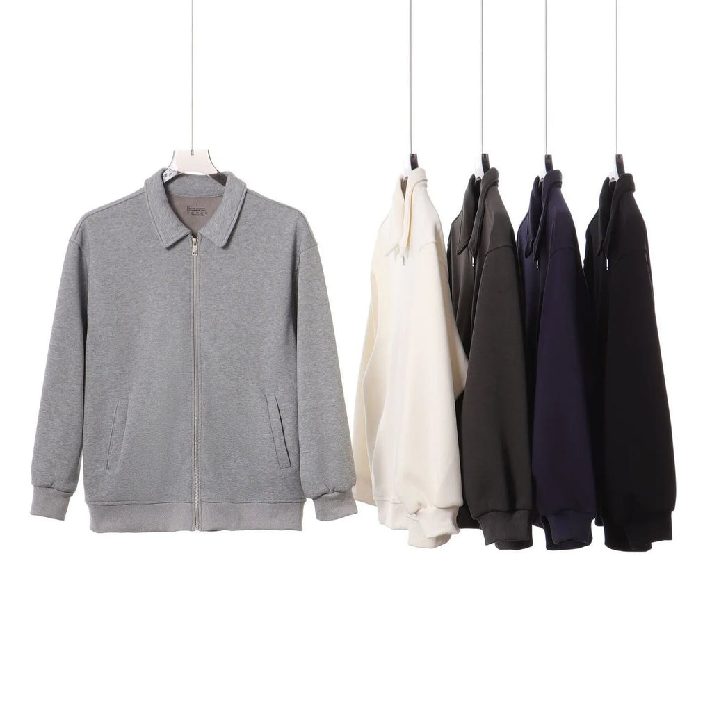 Japanese retro heavyweight 420g silver fox fleece zip-up jacket in solid colour with wool lining for men