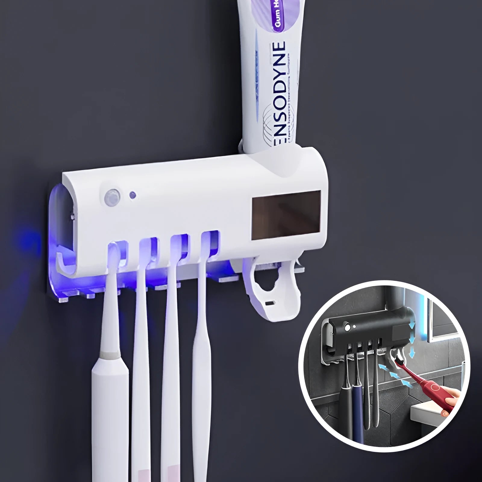 Wall-mounted UV toothbrush steriliser with automatic toothpaste dispenser in white or black