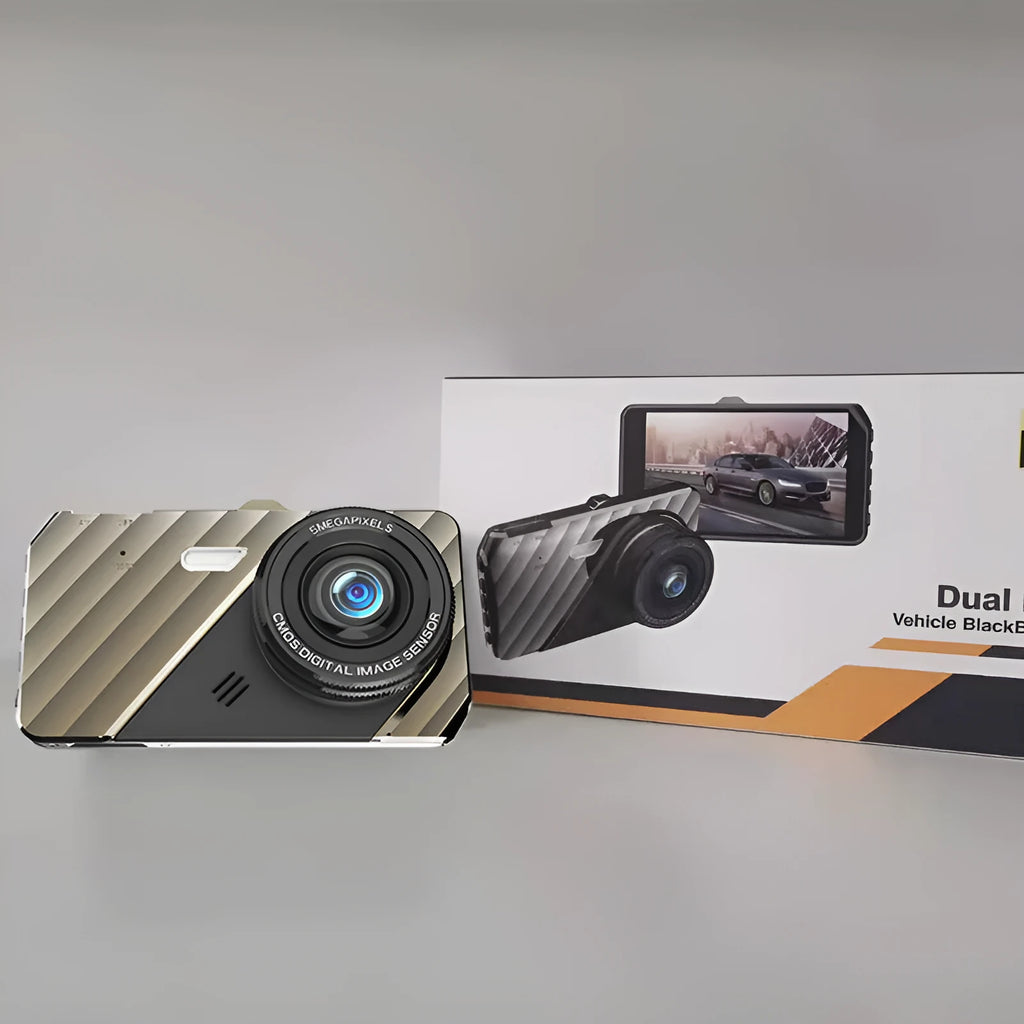 4 inch front and rear dual lens dashboard camera with touch screen display mounted in car