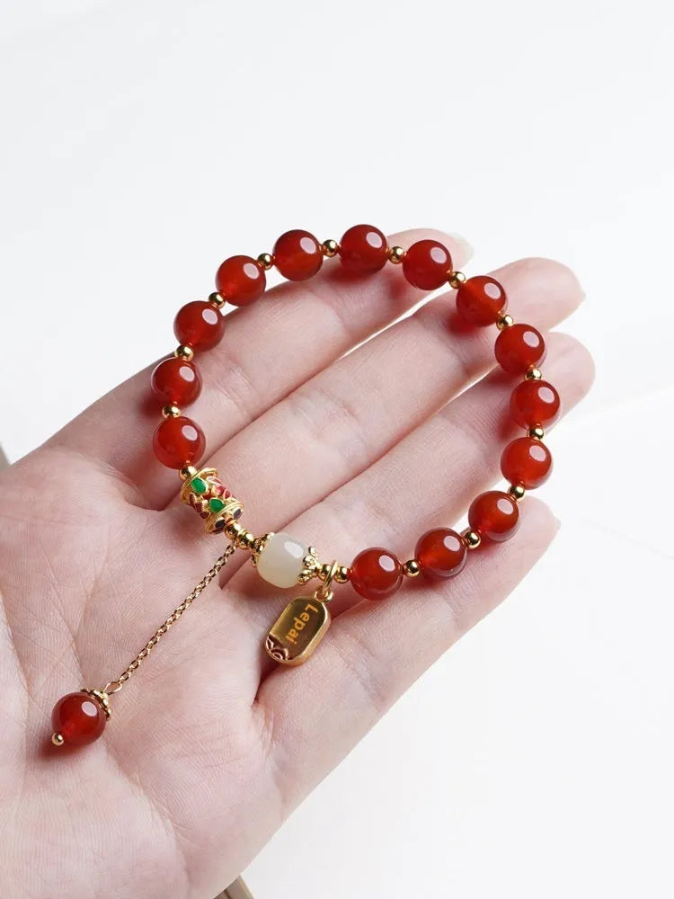 Women's red agate and Hetian jade beads bracelet with gold-plated setting in three style variations